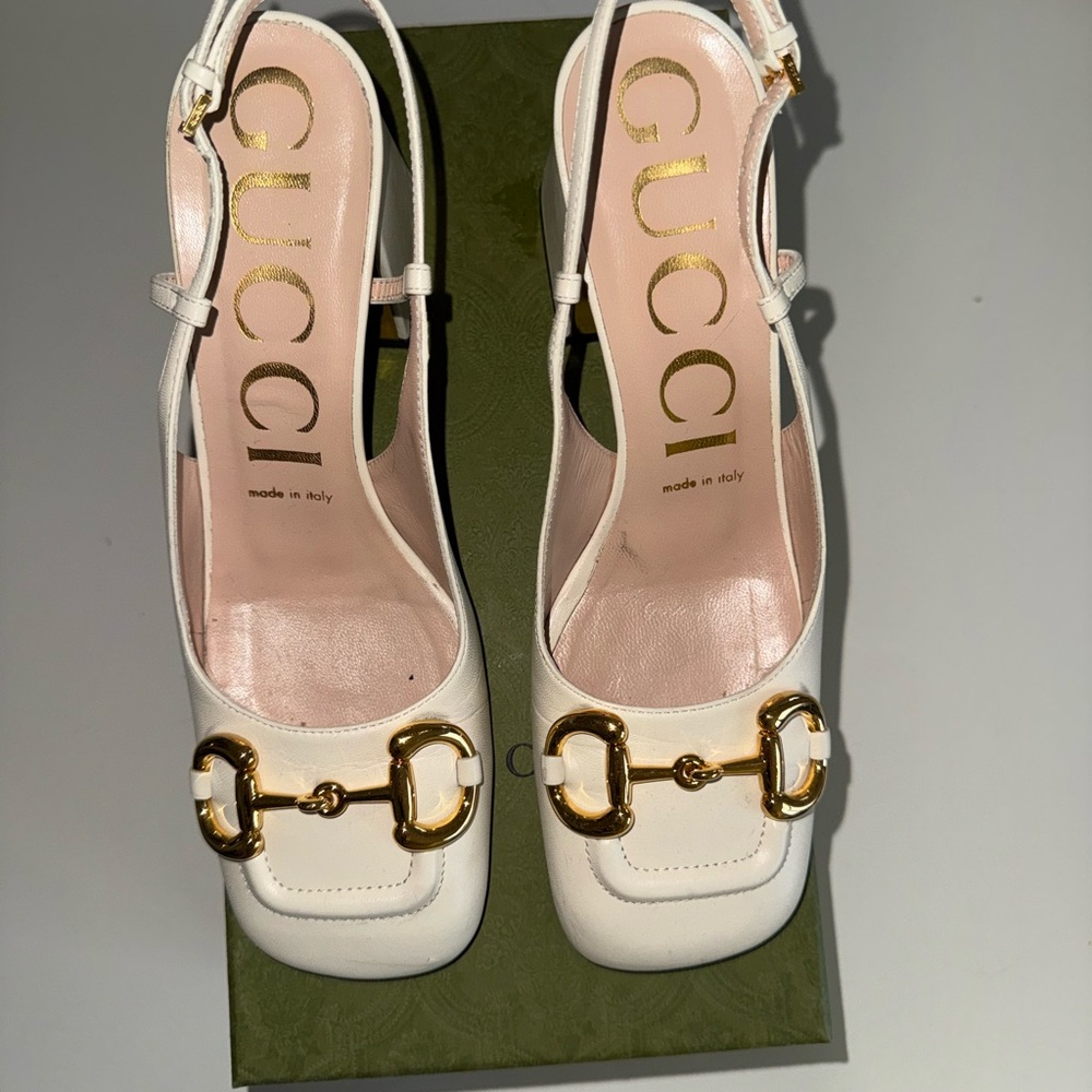 Gucci Women's Cream Leather Slingback Heels with Gold Accents